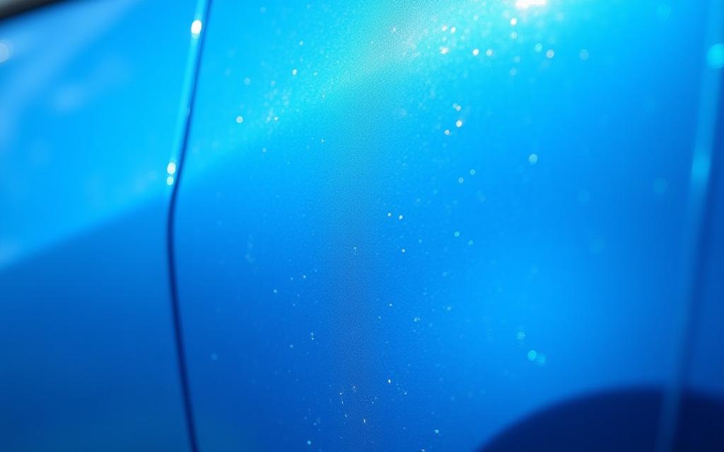 Blue sedan paint covered in swirl marks and fine scratches before correction